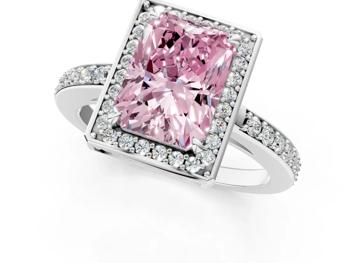 Fancy Pink Radiant Cut Halo Pave Band Solitaire Ring with Prong Setting Platinum