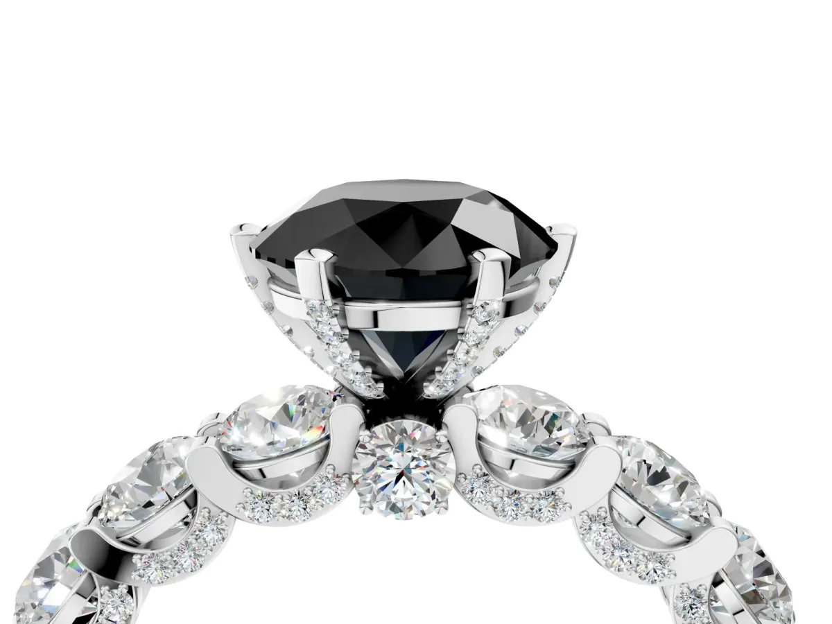 Fancy Black Round Cut Diamond Side Stone Engagement Ring with Four-Prong Setting White gold