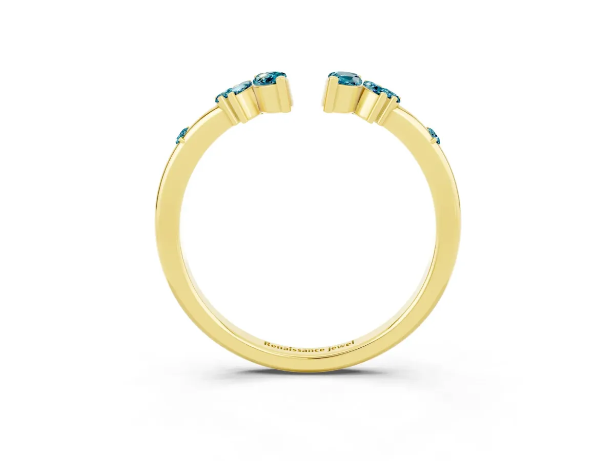 Open Marquise Cluster Blue Topaz Band with Prong Setting Yellow gold
