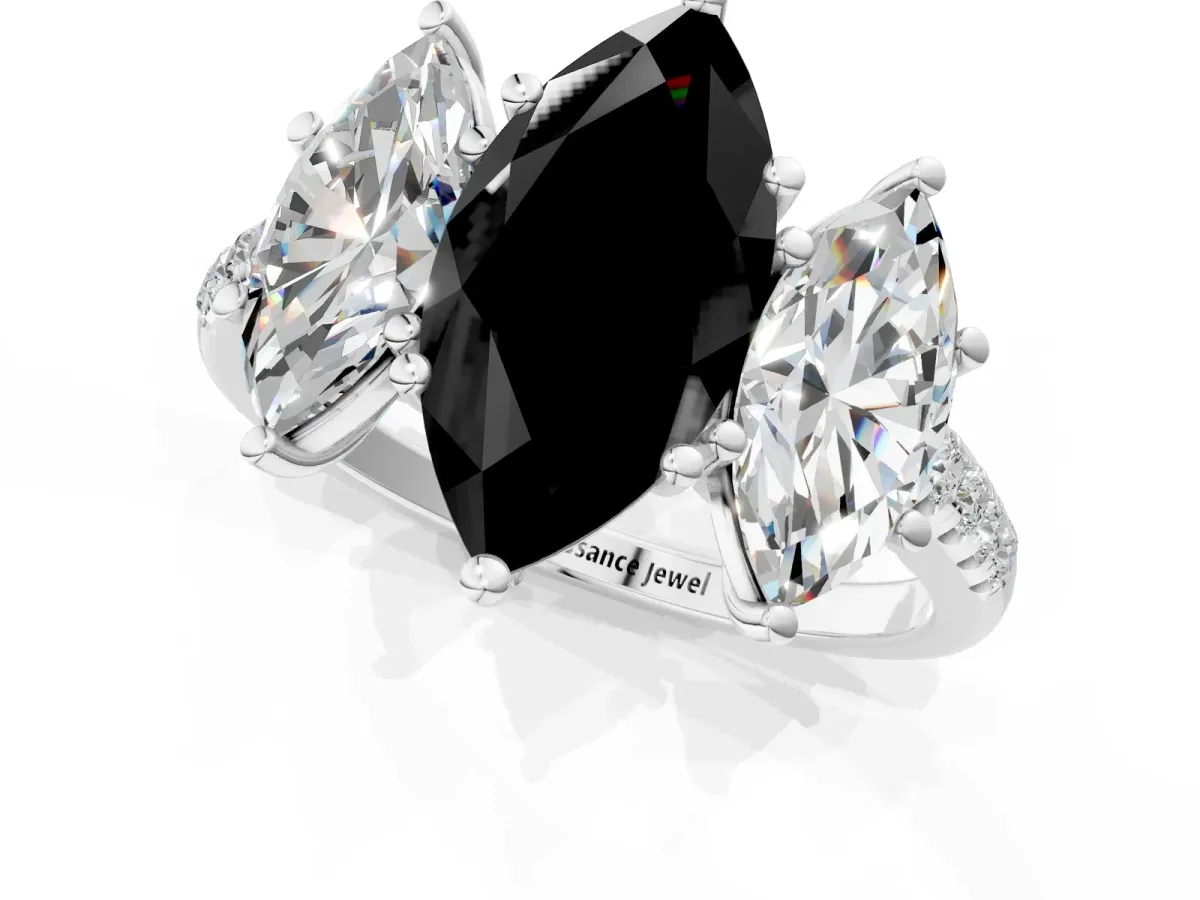 Fancy Black Three-Stone Marquise Cut Diamond Ring with Round Pavé Band and Prong Setting Silver