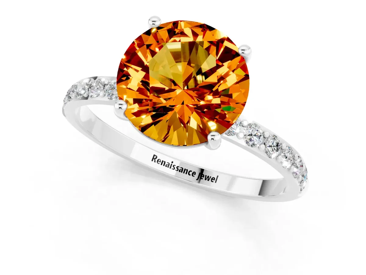 Round Cut Citrine Solitaire Ring with Round Pavé Band and Prong Setting Silver