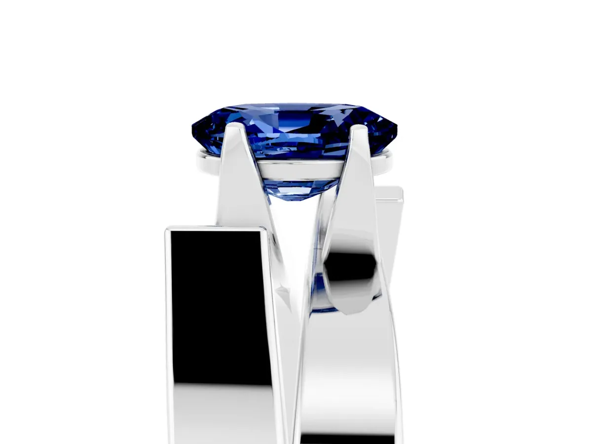 Modern Tension Set Oval Cut Blue Sapphire Solitaire Wide Band Ring Silver