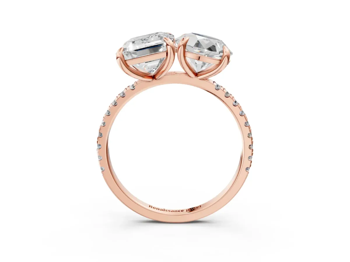 Round and Emerald Toi Moi Ring with Prong Setting and Micro Pave Band Rose gold