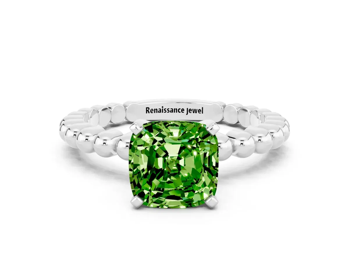 Cushion Cut Peridot Solitaire Ring with Beaded Band and Prong Setting Platinum