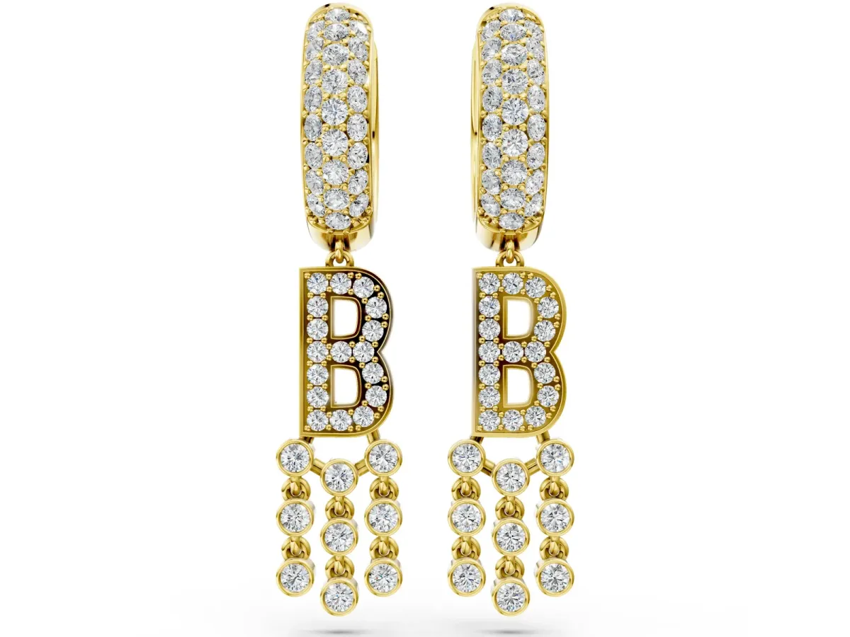 Round Diamond Initial B Huggie Hoop Earrings Yellow gold