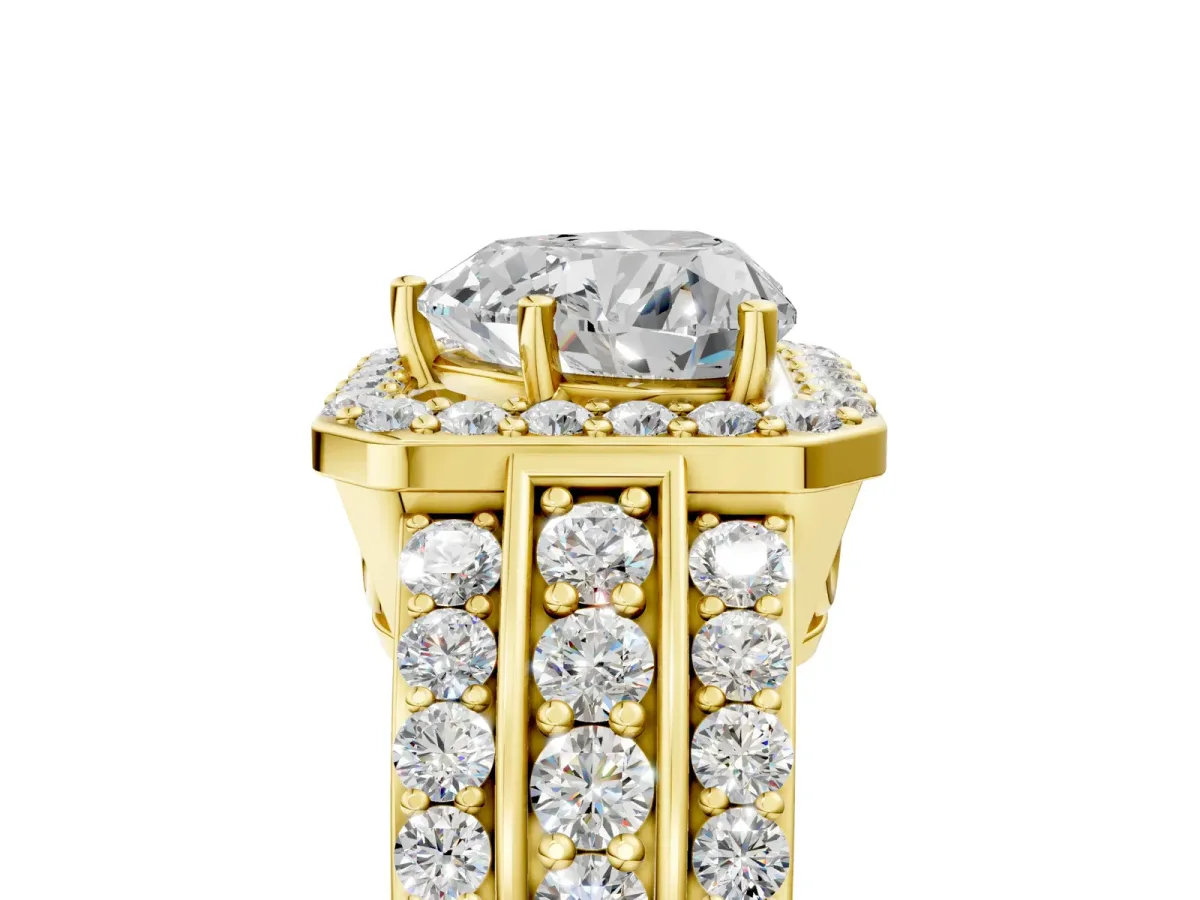 Heart Cut Halo Diamond Ring with Round Split Shank and Prong Setting Yellow gold