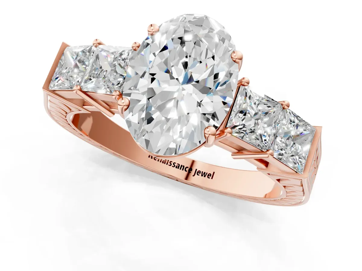Oval Cut Solitaire Princess Side Stone Engraved Band Prong Setting Ring Rose gold