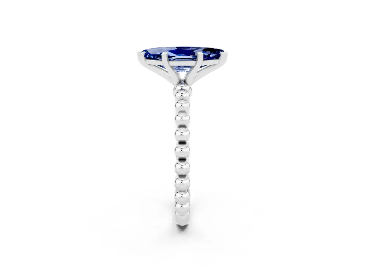 Marquise Cut Blue Sapphire Solitaire Ring with Beaded Band and Prong Setting Silver
