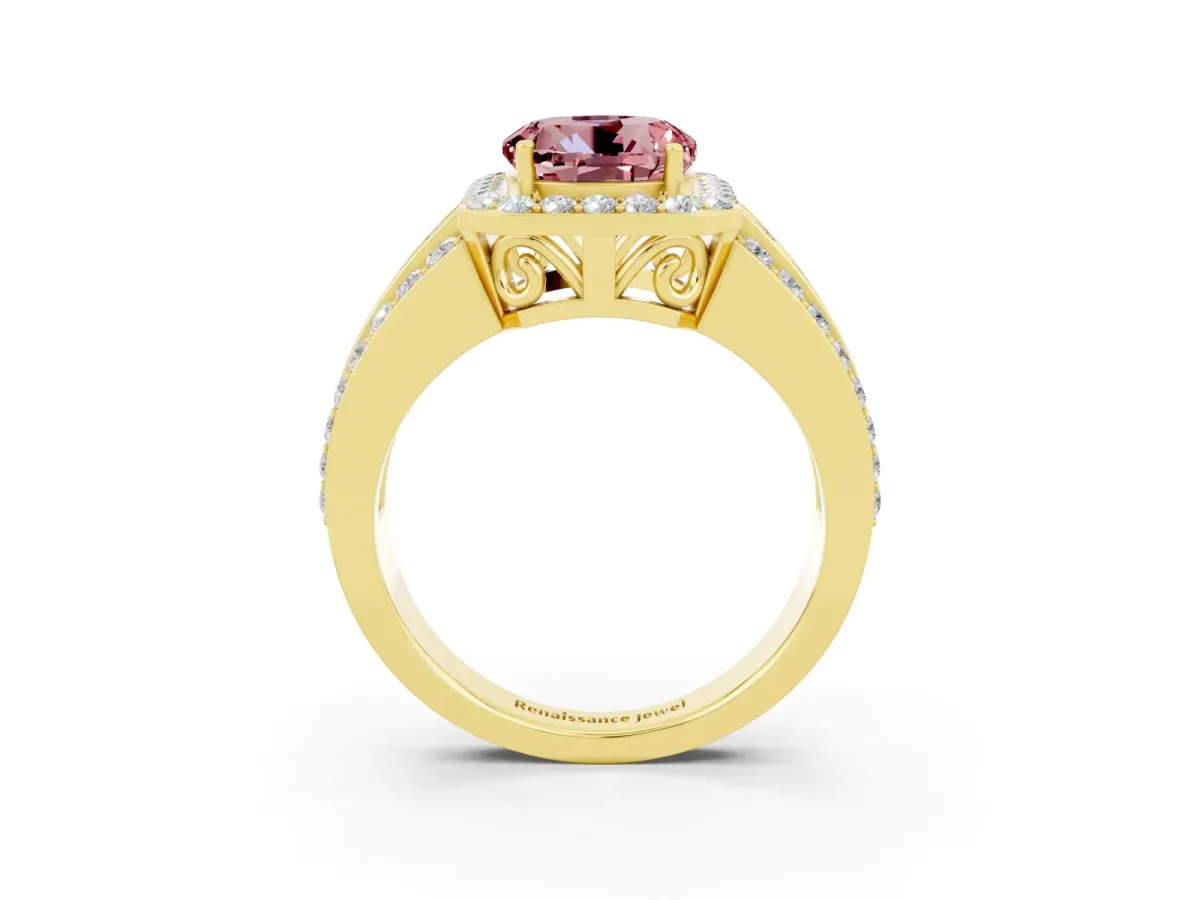 Round Cut Halo Morganite Ring with Round Split Shank and Prong Setting Yellow gold