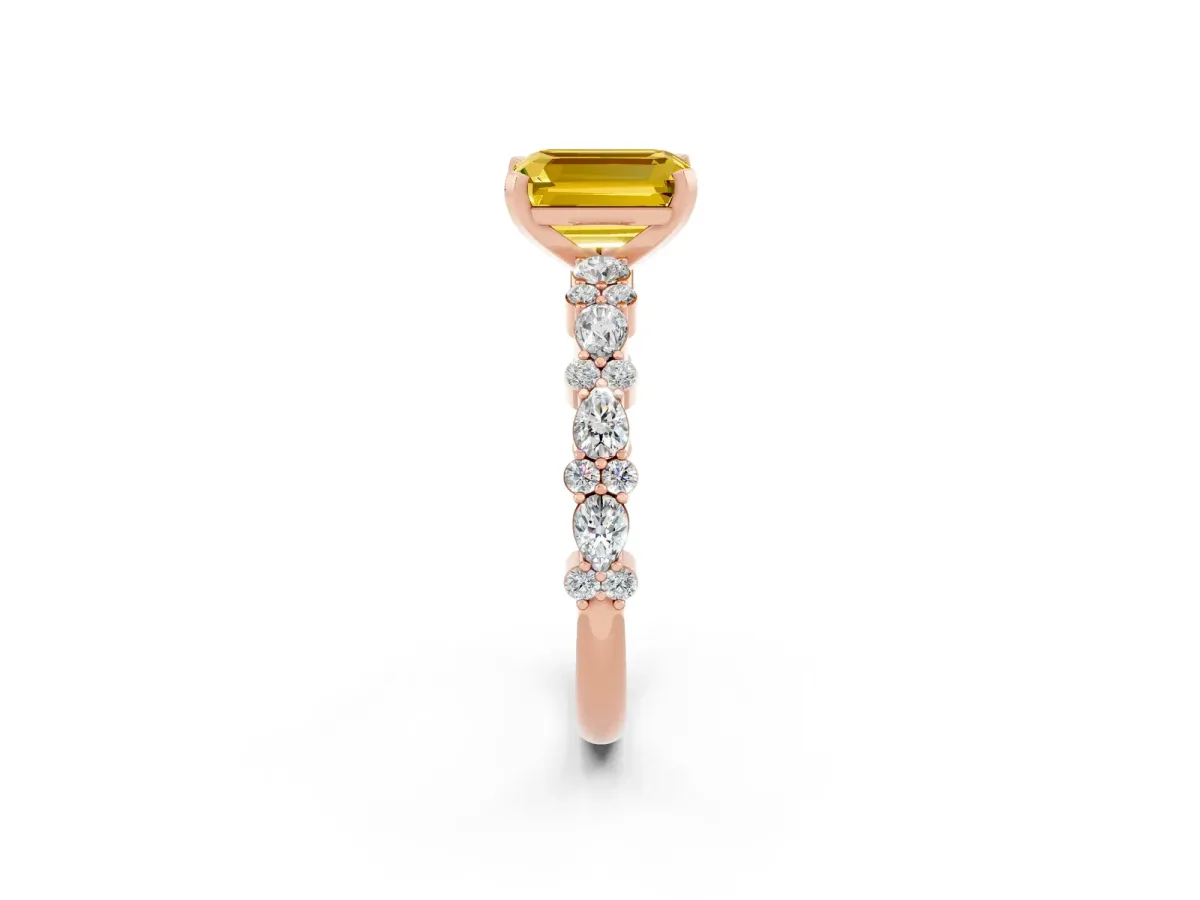 Emerald Cut Yellow Sapphire Side Stone Solitaire Ring with Round and Four-Prong Setting Rose gold