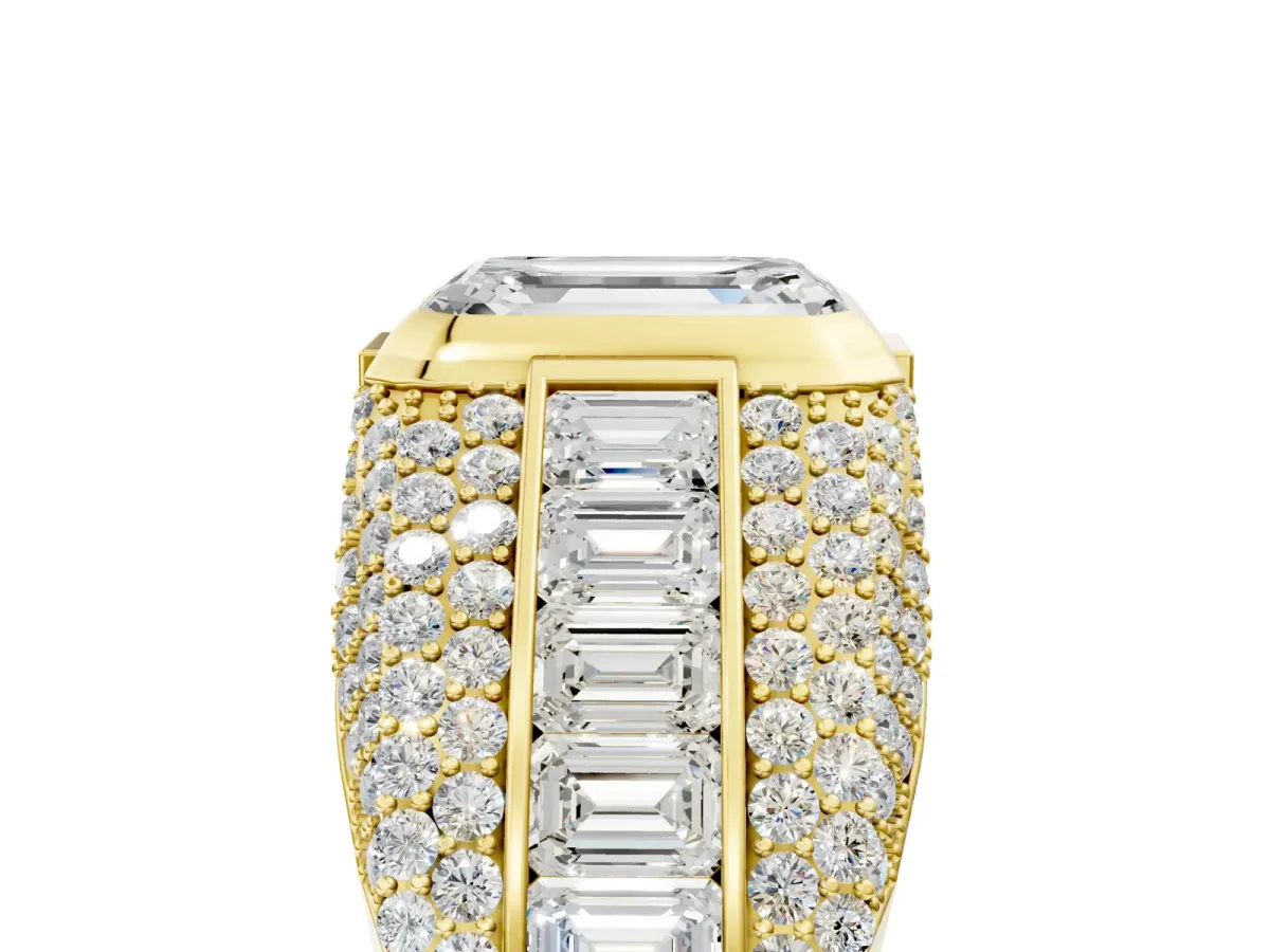 Emerald Cut Diamond Mens Ring with Side Stones Yellow gold