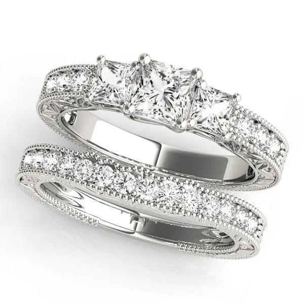 Three-Stone Asscher Cut Cut Milgrain Pavé Engagement Ring Platinum