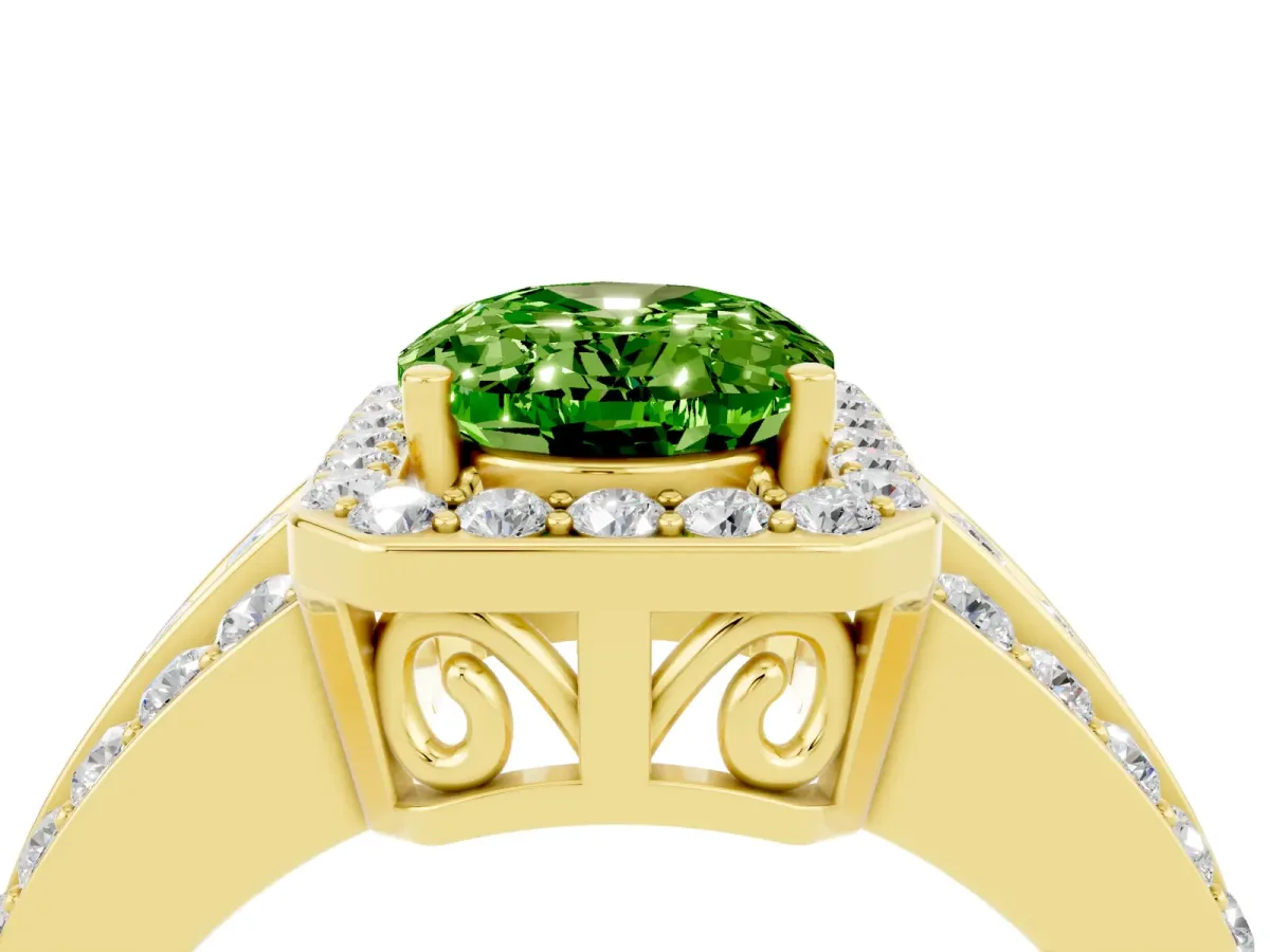 Oval Cut Halo Peridot Ring with Round Split Shank and Prong Setting Yellow gold