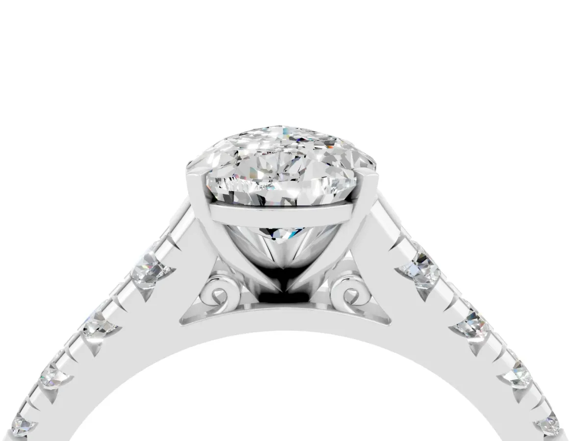 Pear Cut Moissanite Cathedral Solitaire Ring with Round Pavé Band Silver
