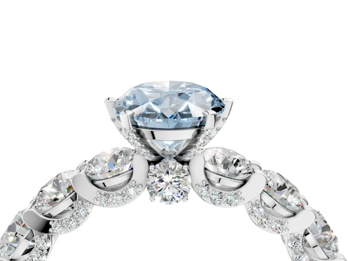 Fancy Blue Oval Cut Diamond Side Stone Engagement Ring with Four-Prong Setting White gold