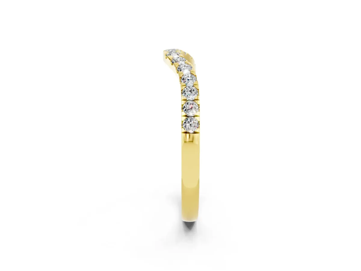 Curved Pavé Round Moissanite Wedding Band with Shared Prong Setting Yellow gold