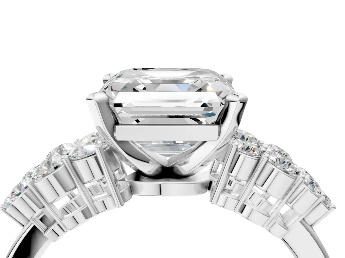 Asscher Cut Cluster Diamond Engagement Ring with Pavé Band and Four-Prong Setting Platinum