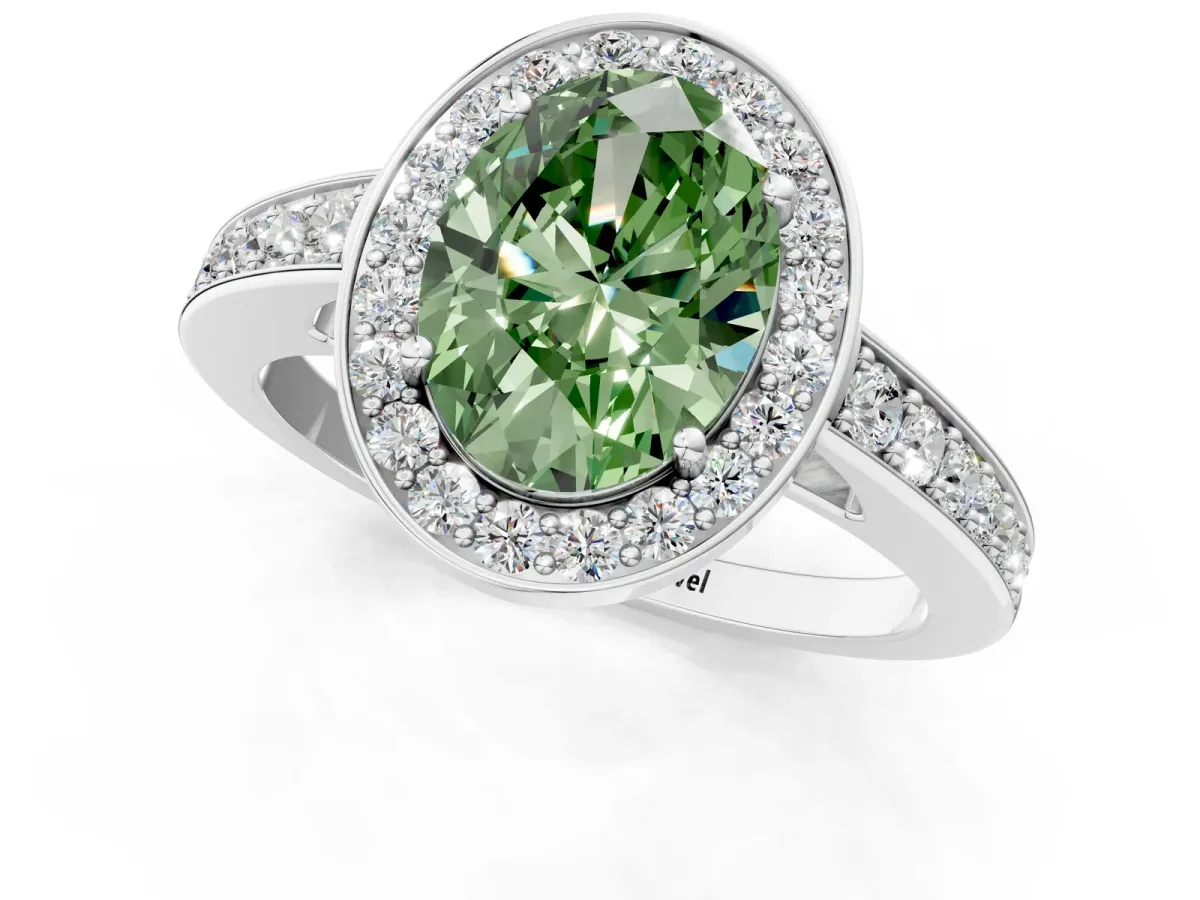 Fancy Green Oval Cut Halo Pavé Diamond Engagement Ring with Bezel Setting Silver