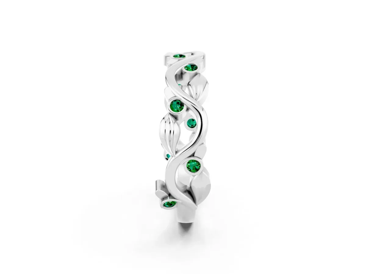 Round Emerald Leaf Eternity Band with Bezel Setting White gold