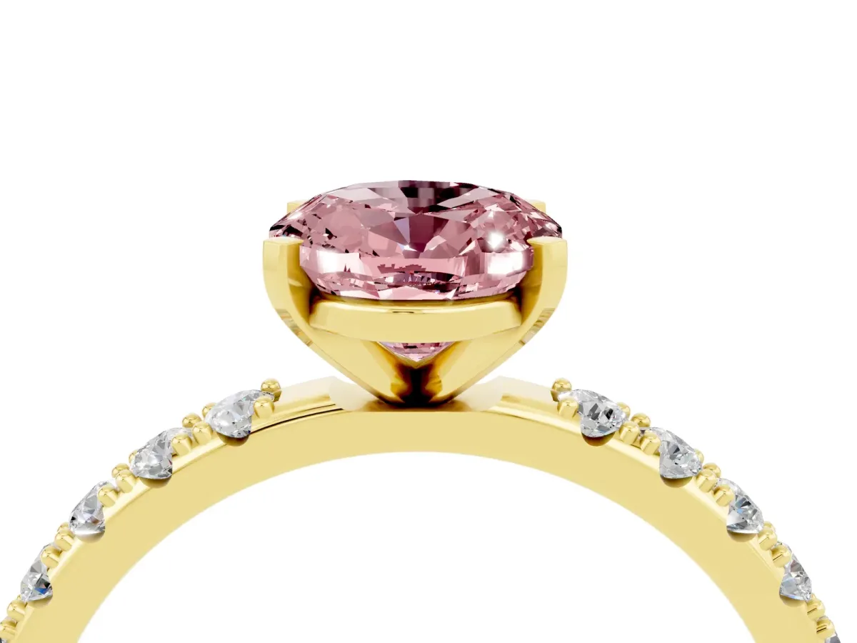 Oval Cut Morganite Solitaire Pavé Band with Four-Prong Setting Yellow gold