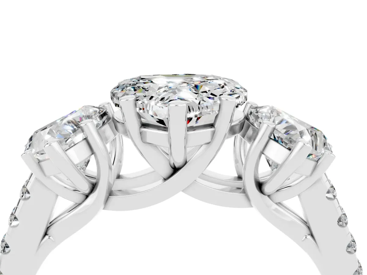 Three-Stone Heart Cut Moissanite Ring with Round Pavé Band and Prong Setting Silver