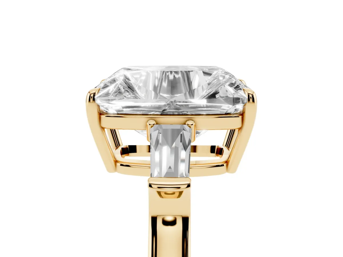 Old Mine Elongated Cushion Diamond with Side Tapered Baguette Three Stone Ring Yellow gold