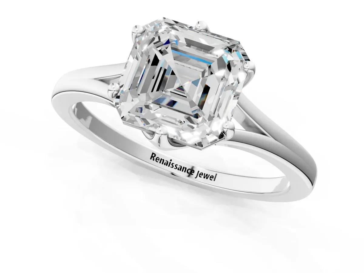 Asscher Cut Solitaire Diamond Ring with Six-Prong Setting and Tapered Band Platinum