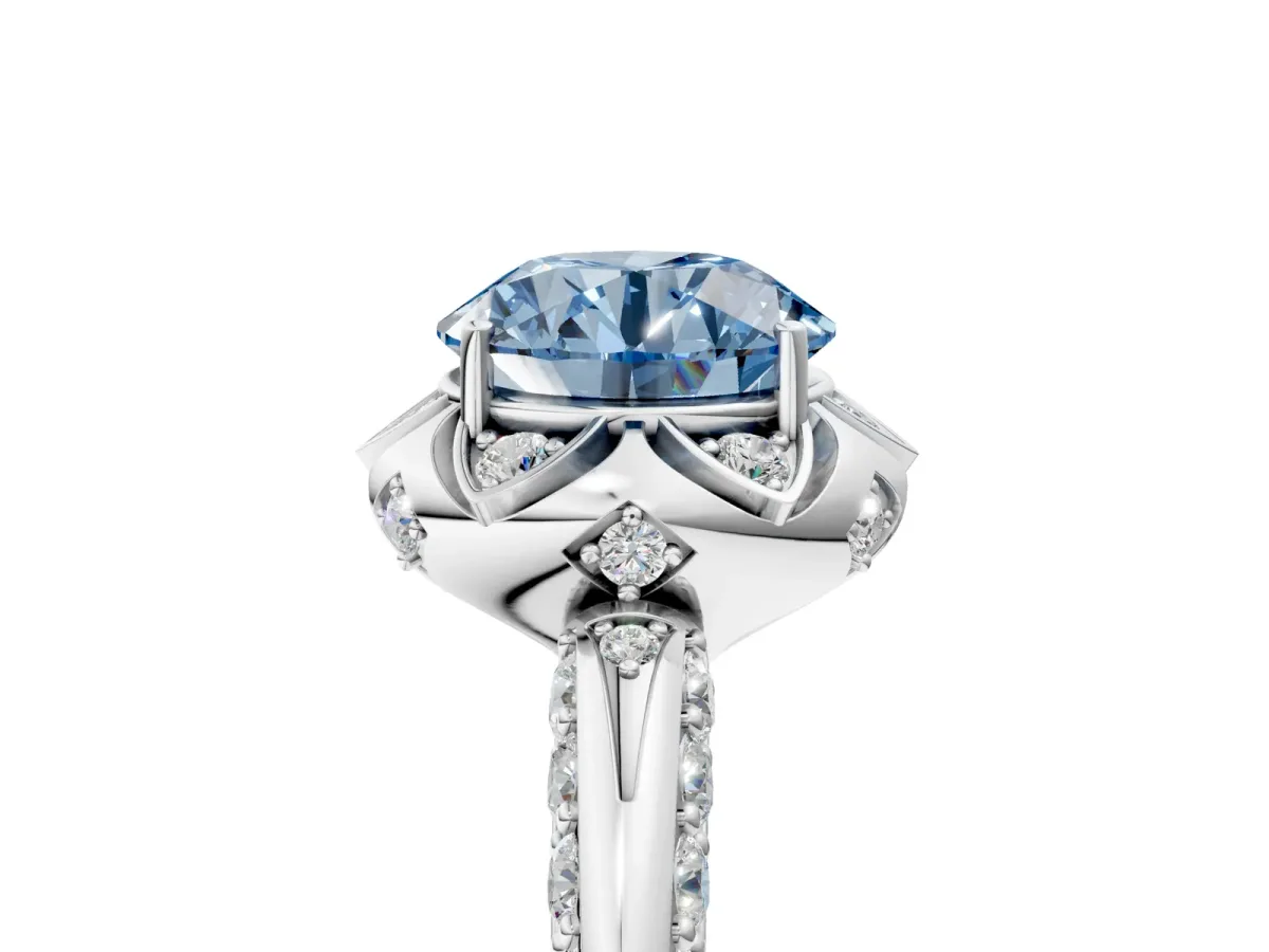 Fancy Blue Round Cut Halo Split Shank Pave Diamond Ring with Petal Prong Setting Platinum
