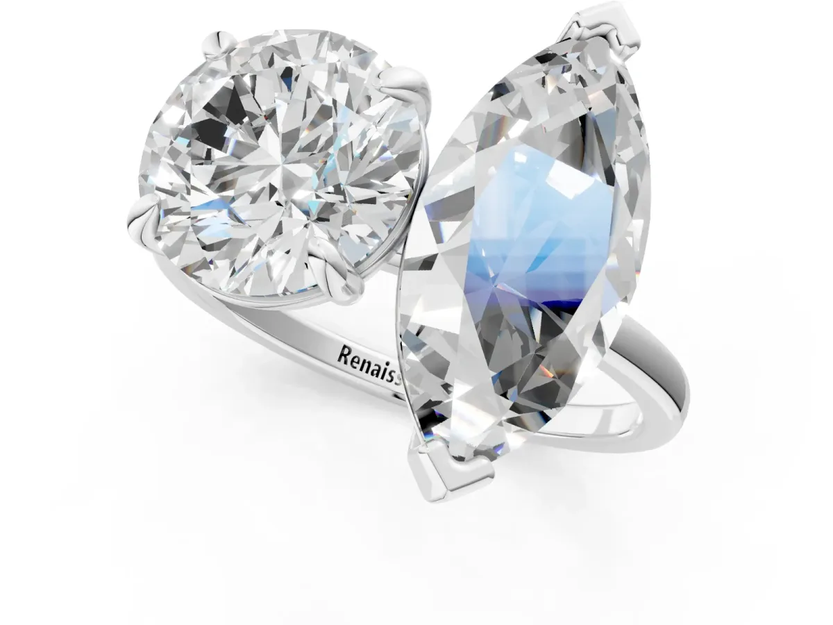 Round and Marquise Toi Moi Ring with Prong Setting and Plain Band Platinum