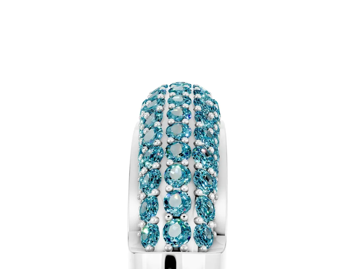 Three-Row Pavé Round Blue Topaz Dome Band Silver