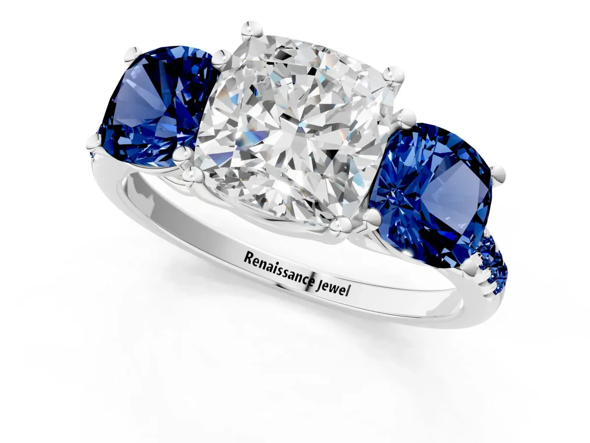 Three-Stone Cushion Cut Diamond Ring with Round Blue Sapphire Pavé Band and Prong Setting Silver