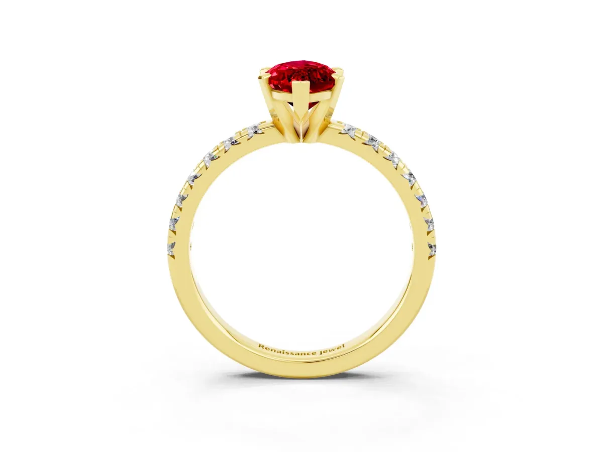 Marquise Cut Ruby Solitaire Pavé Engagement Ring with Round Band and Prong Setting Yellow gold