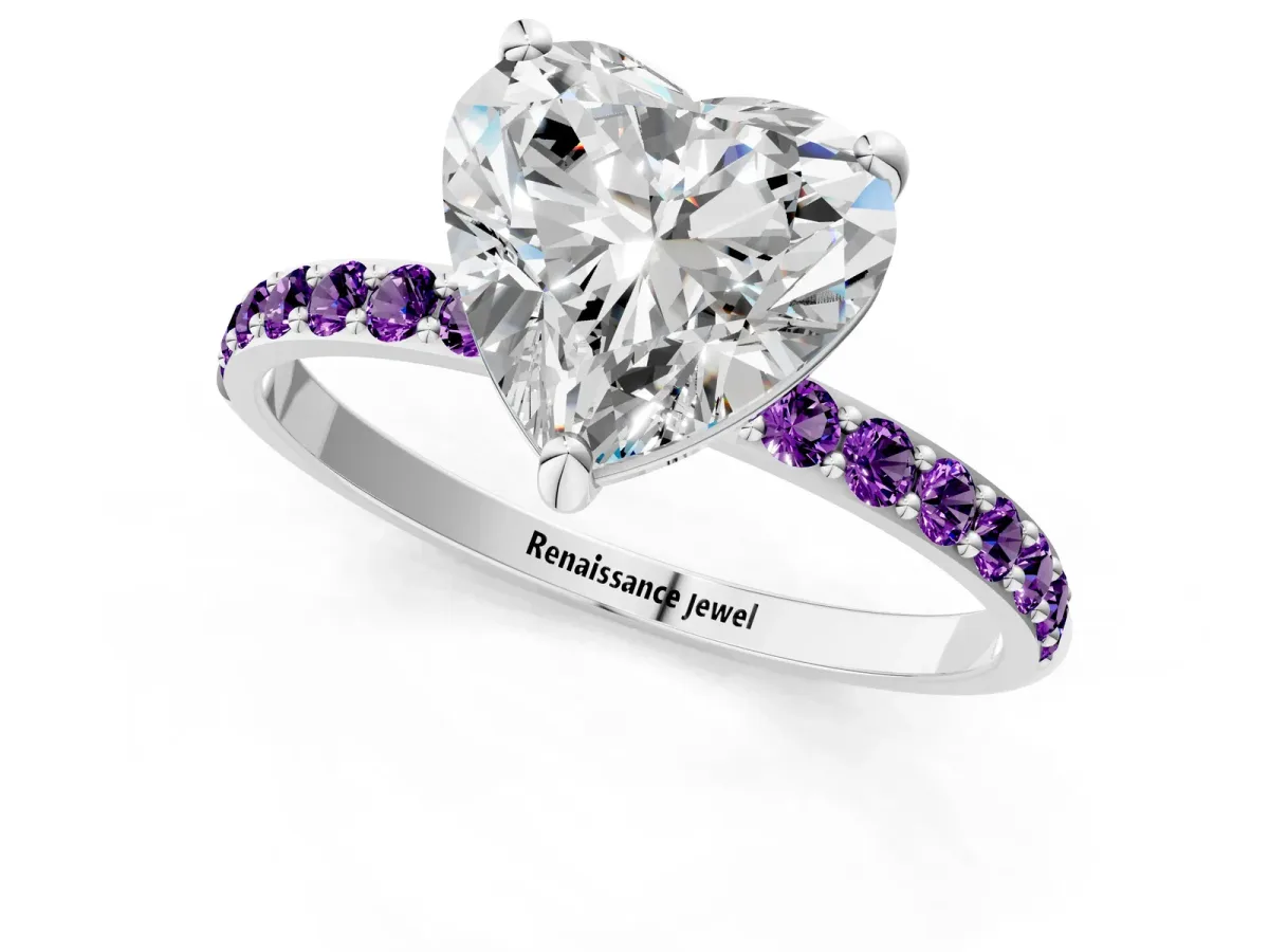 Heart Cut Diamond Solitaire Ring with Round Amethyst Pavé Band and Prong Setting Silver