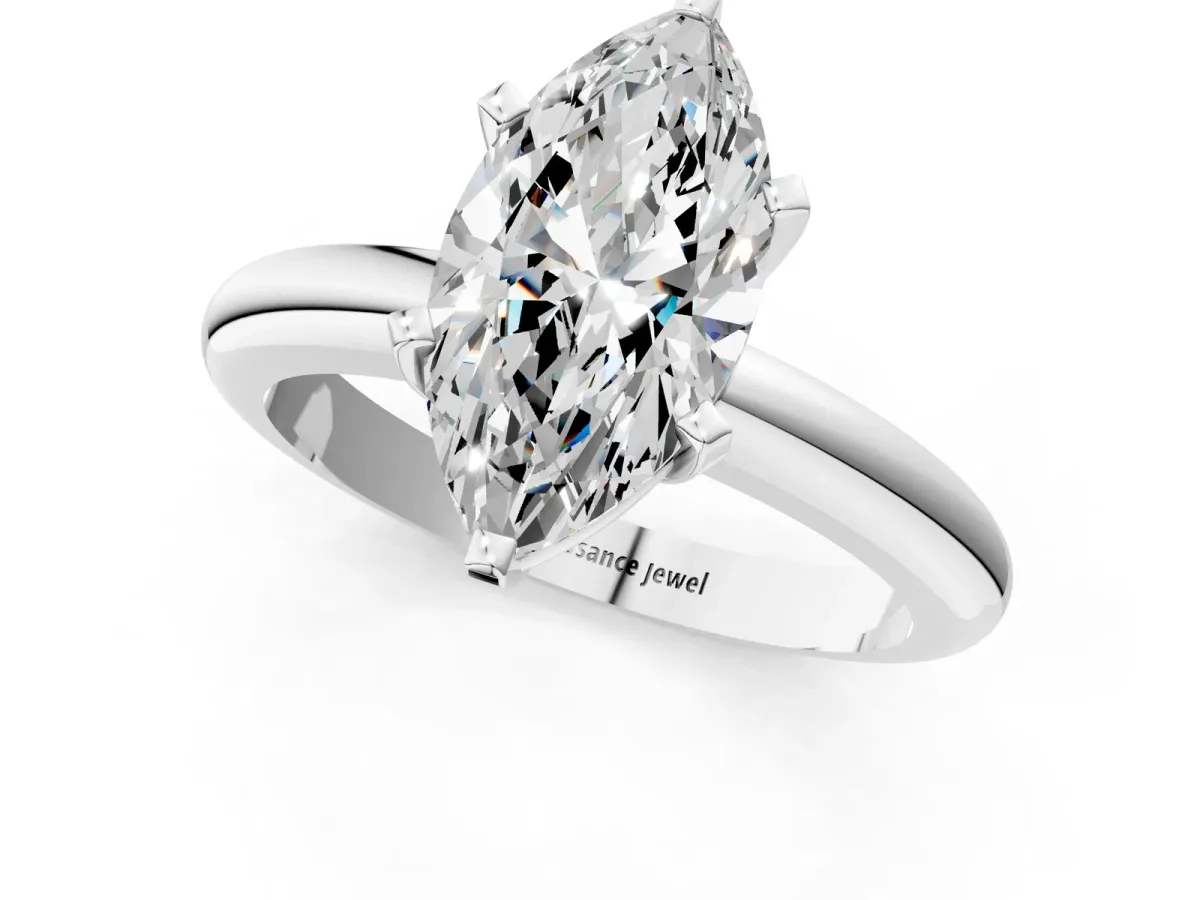 Marquise Cut Diamond Solitaire Engagement Ring with Round Band and Four-Prong Setting Silver