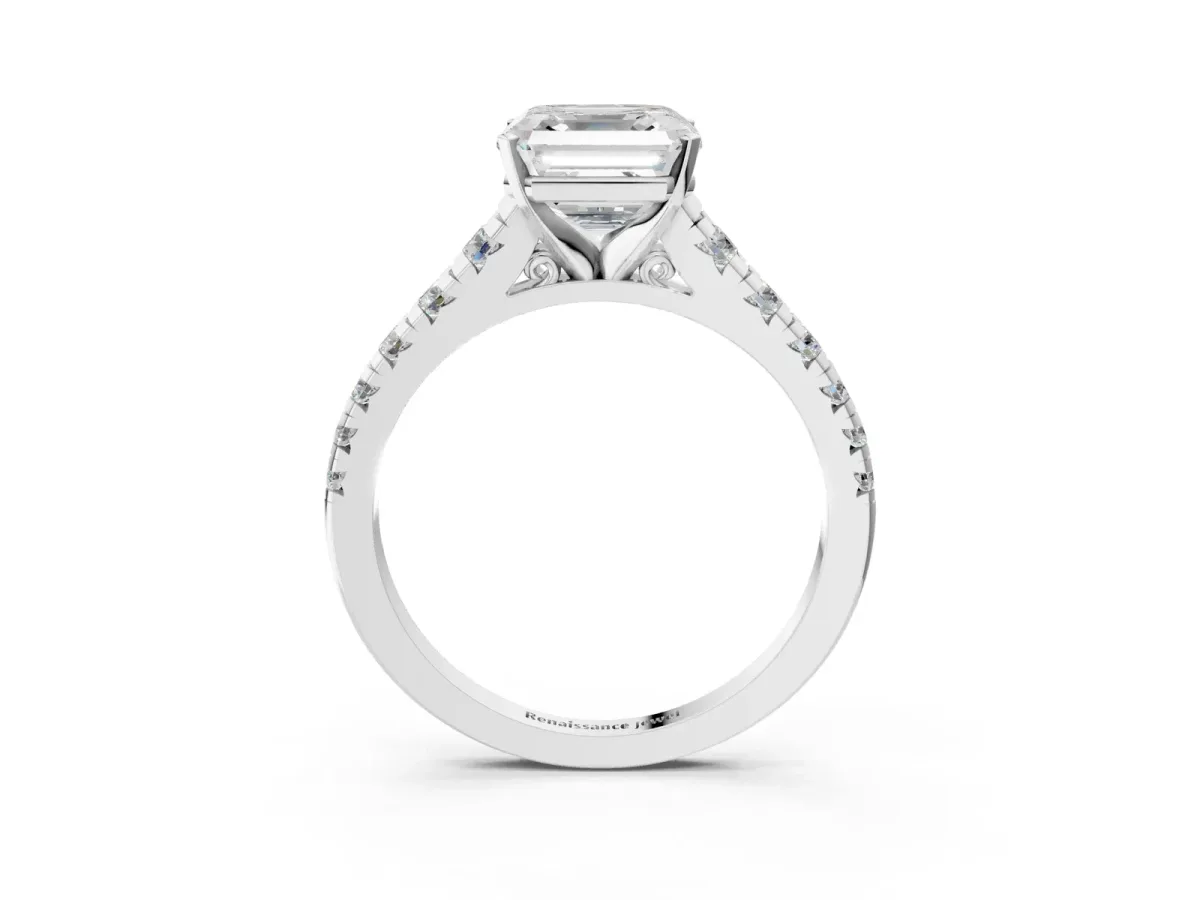 Asscher Cut Diamond Cathedral Solitaire Ring with Round Pavé Band Platinum