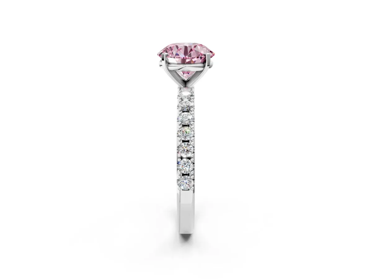 Fancy Pink Round Cut Diamond Solitaire Pavé Band with Four-Prong Setting White gold