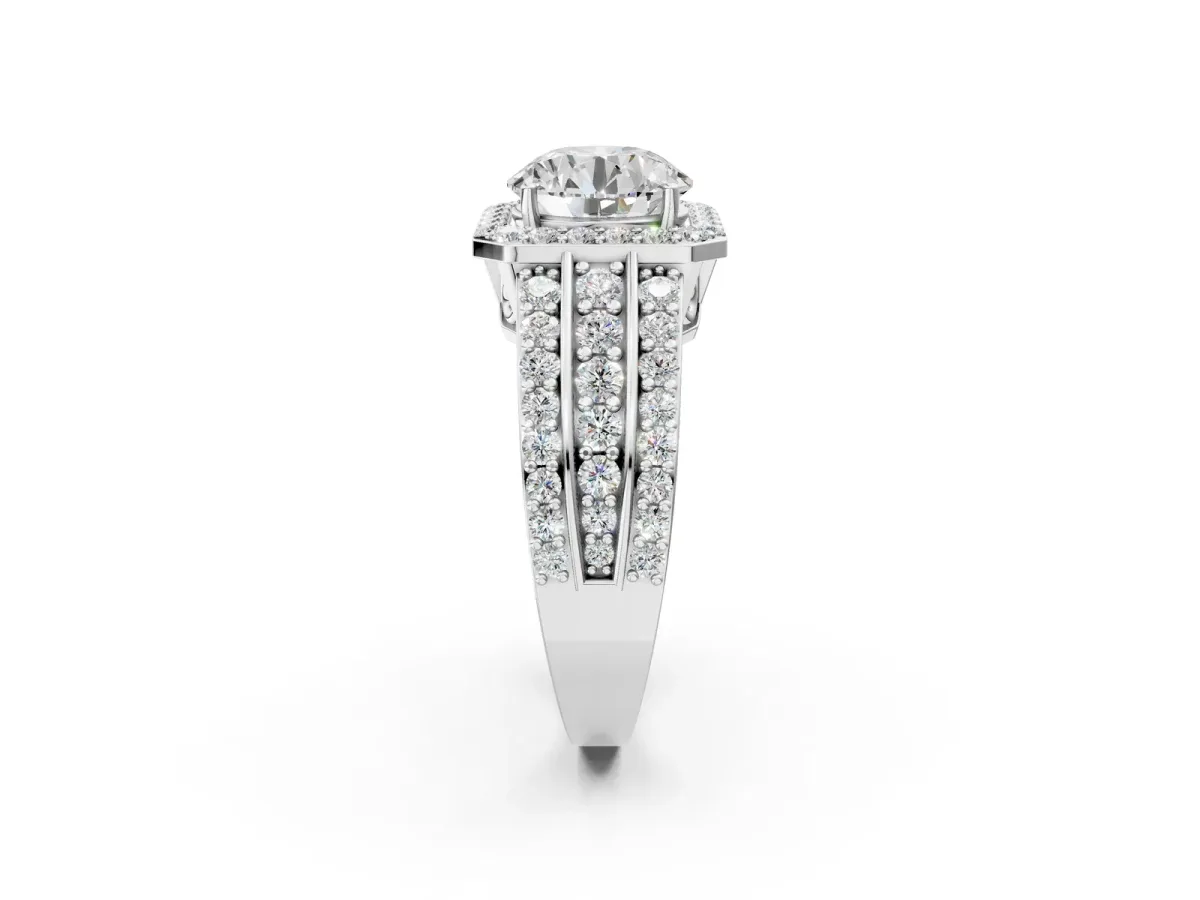 Round Cut Halo Diamond Ring with Round Moissanite Split Shank and Prong Setting Silver
