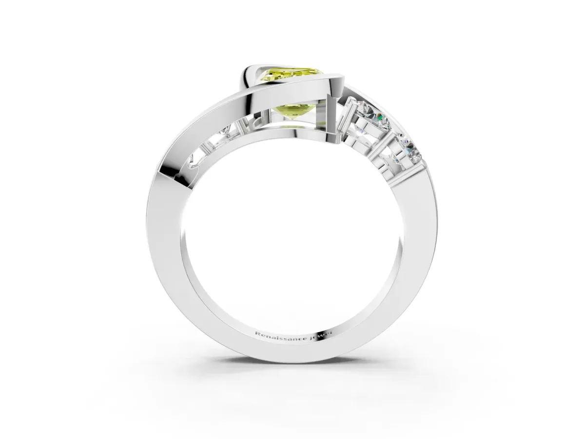 Fancy Yellow Bezel Set Emerald Cut Diamond Bypass Ring with Round Accents Silver