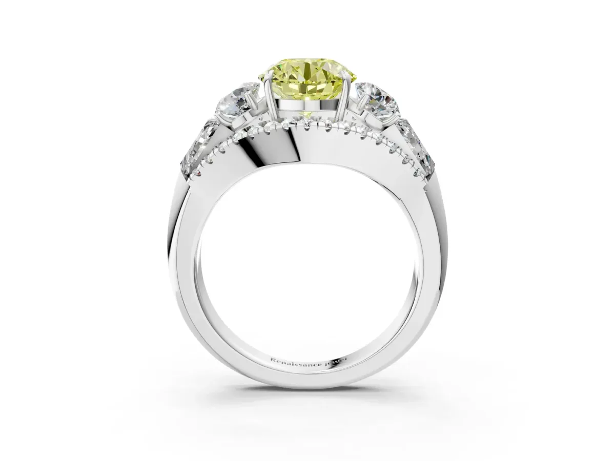 Fancy Yellow Three-Stone Round Cut Diamond Engagement Ring with Pave Band and Prong Setting Platinum