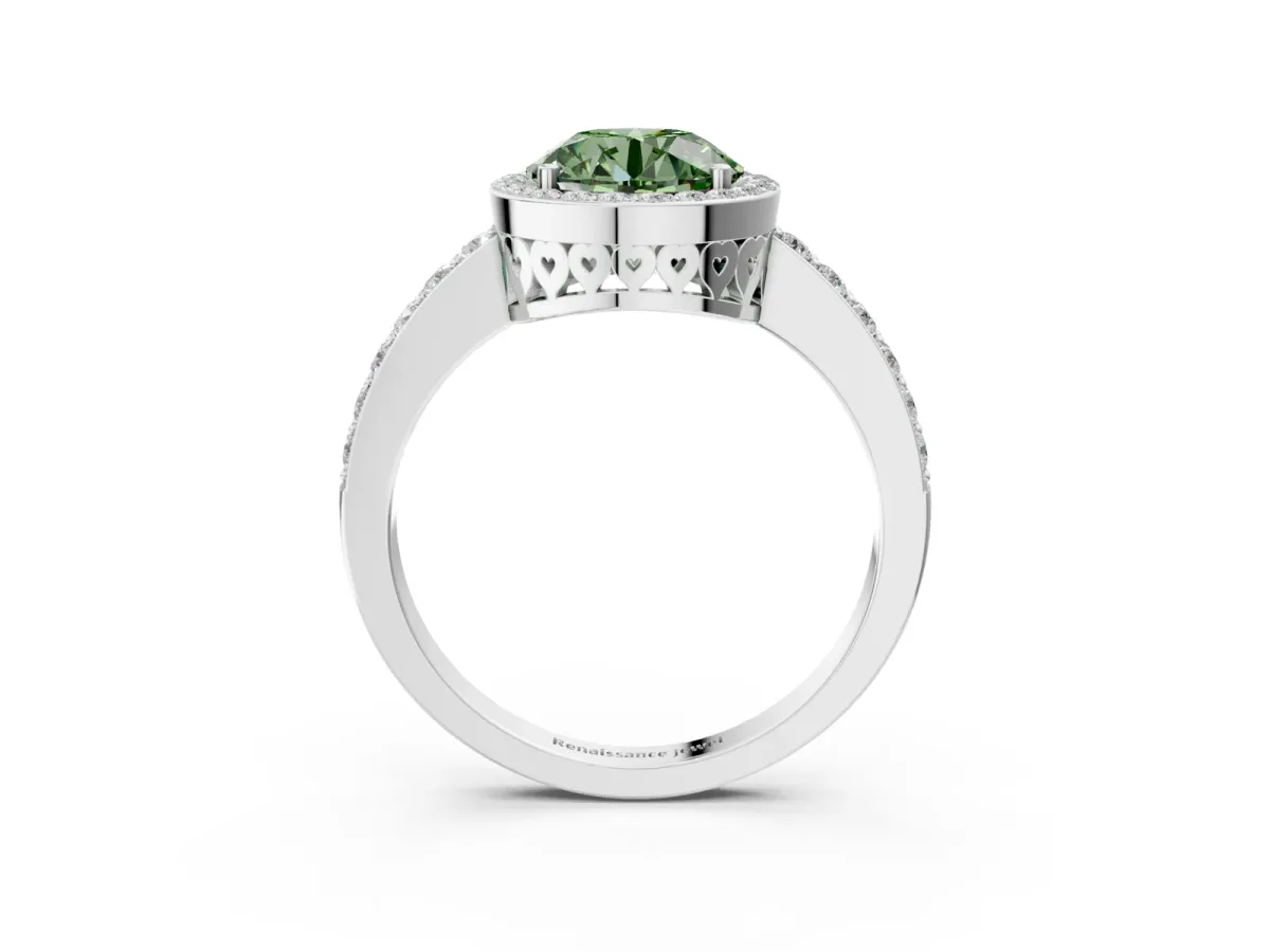 Fancy Green Round Cut Halo Diamond Pavé Band Ring with Prong Setting Platinum