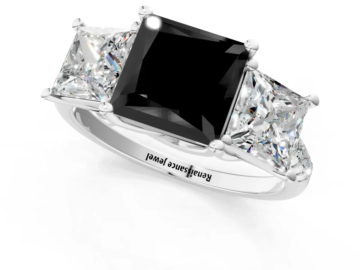 Fancy Black Three-Stone Princess Cut Diamond Ring with Round Pavé Band and Prong Setting Silver
