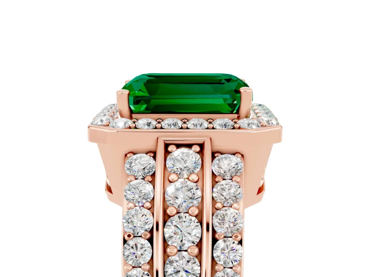 Emerald Cut Halo Emerald Ring with Round Split Shank and Prong Setting Rose gold