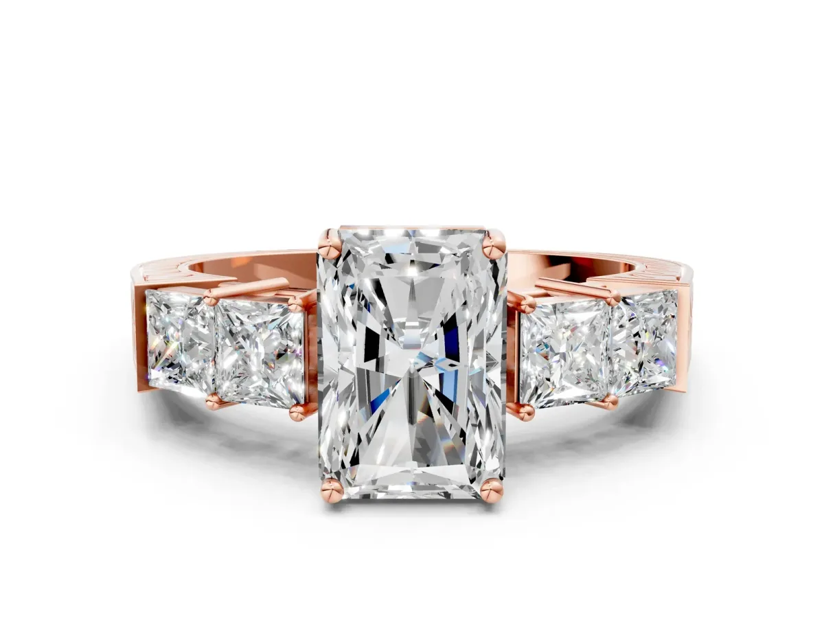 Radiant Cut Solitaire Princess Side Stone Engraved Band Prong Setting Ring Rose gold
