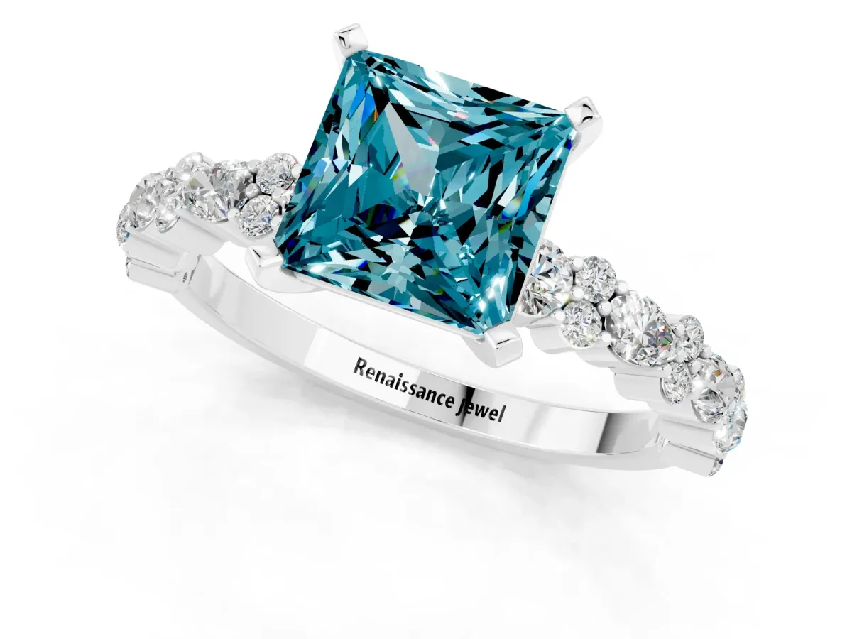 Princess Cut Blue Topaz Side Stone Solitaire Ring with Round and Four-Prong Setting Silver