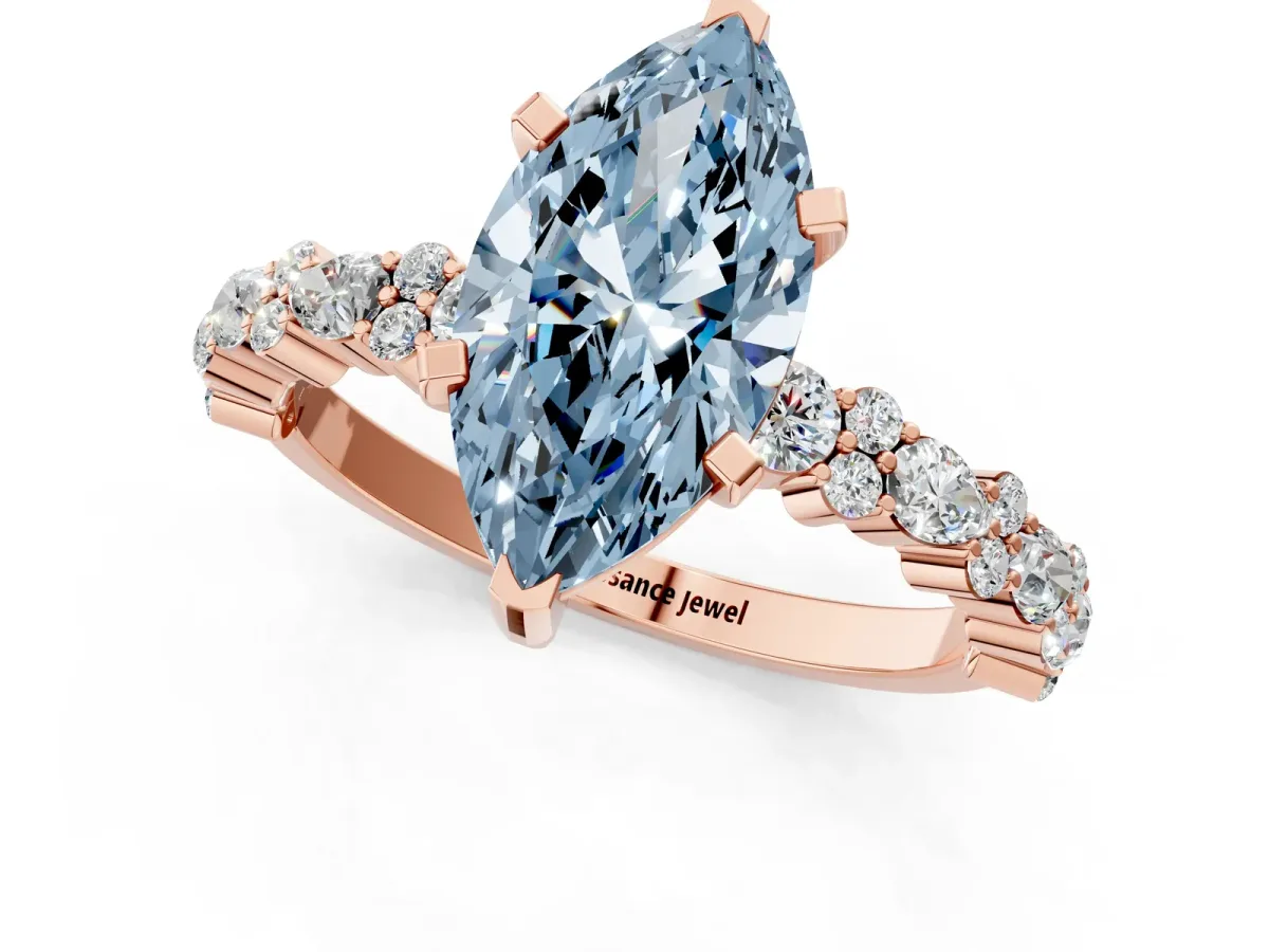 Fancy Blue Marquise Cut Diamond Side Stone Solitaire Ring with Round and Four-Prong Setting Rose gold
