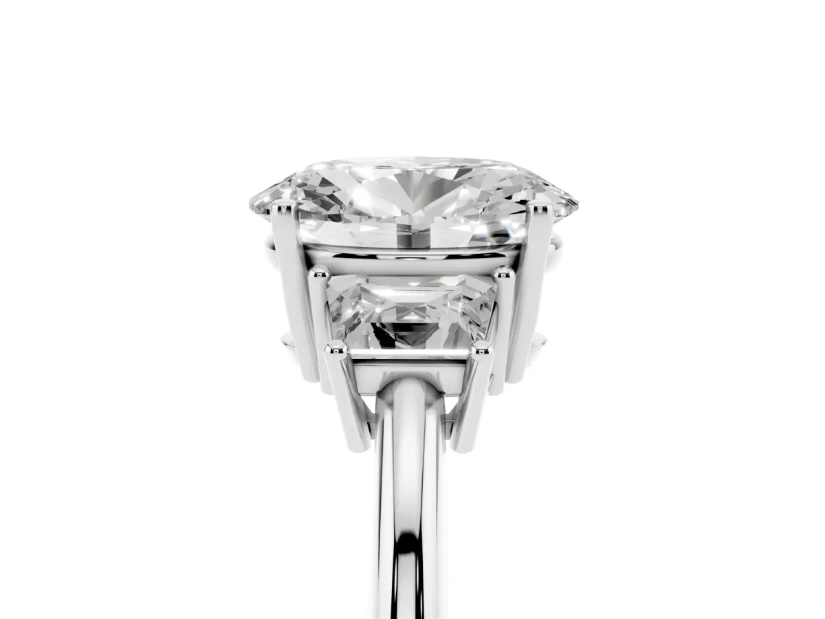 Oval Cut Diamond Three-Stone Ring with Trapezoid Side Stones and Prong Setting Silver