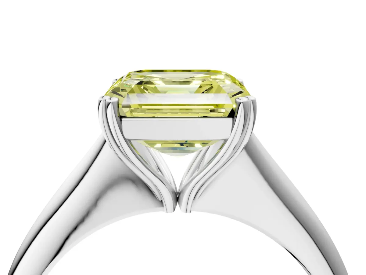 Fancy Yellow Asscher Cut Solitaire Diamond Ring with Six-Prong Setting and Classic Band Platinum