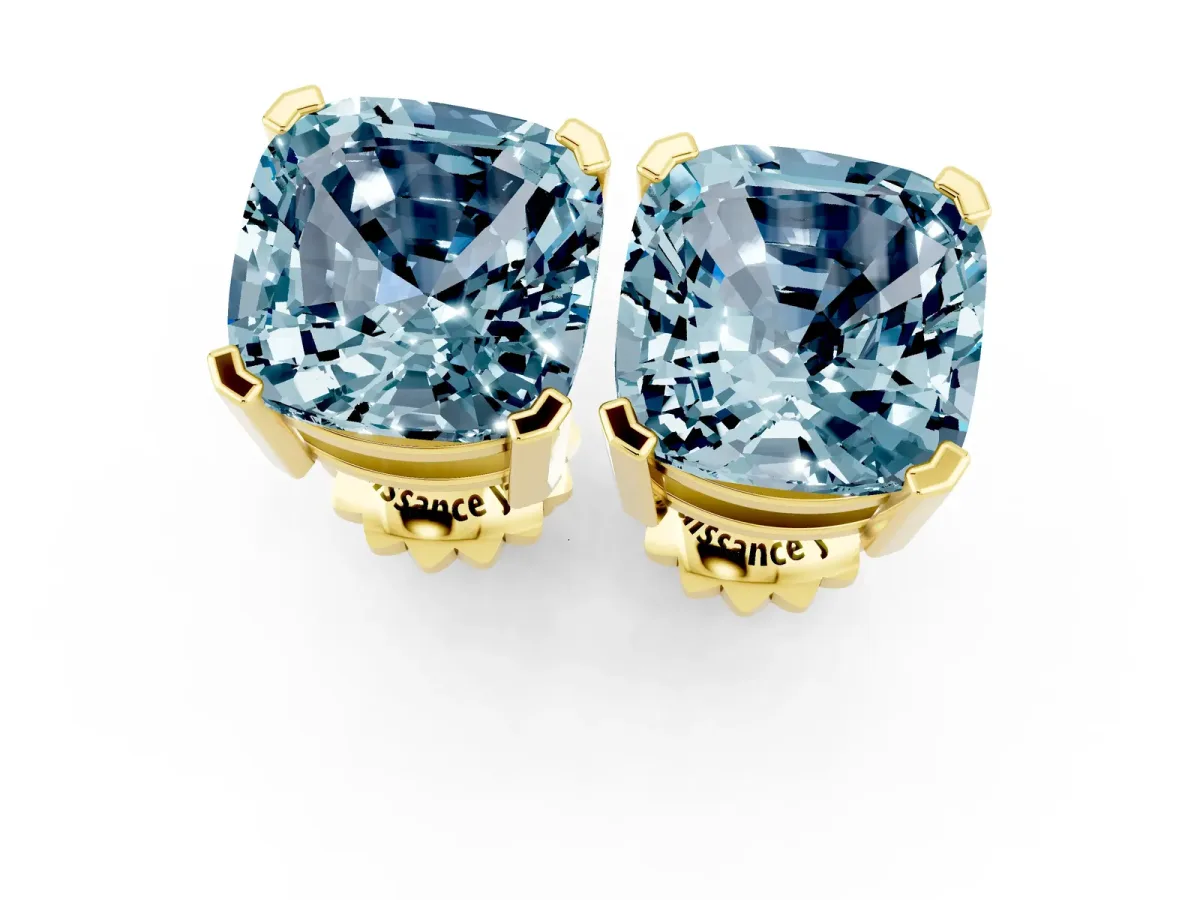 Cushion Cut Aquamarine Stud Earrings Yellow gold