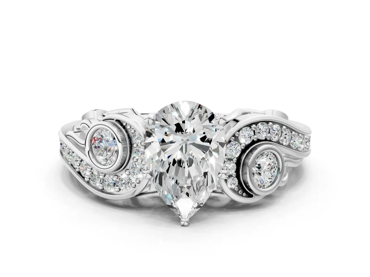 Pear Cut Diamond Solitaire Ring with Milgrain Pavé Band and Four-Prong Setting Silver