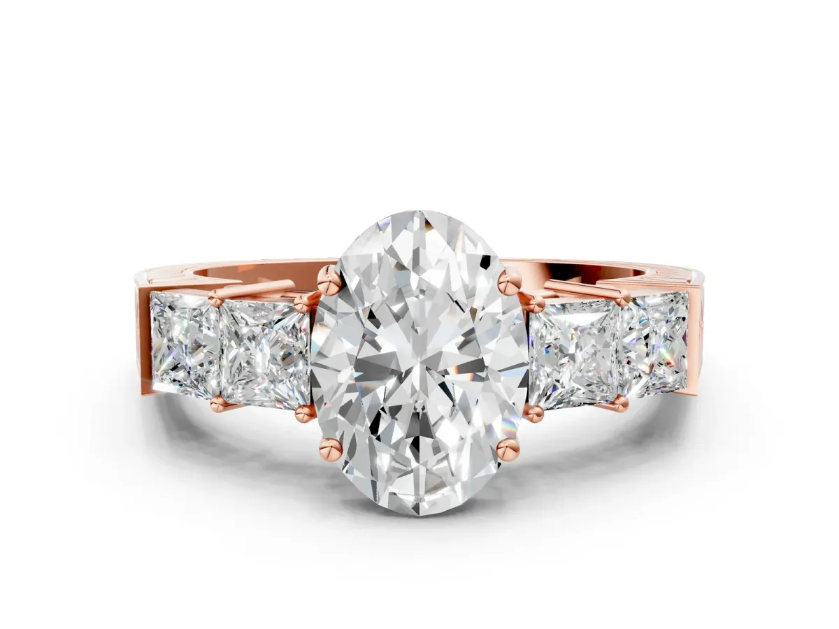 Oval Cut Solitaire Princess Side Stone Engraved Band Prong Setting Ring Rose gold